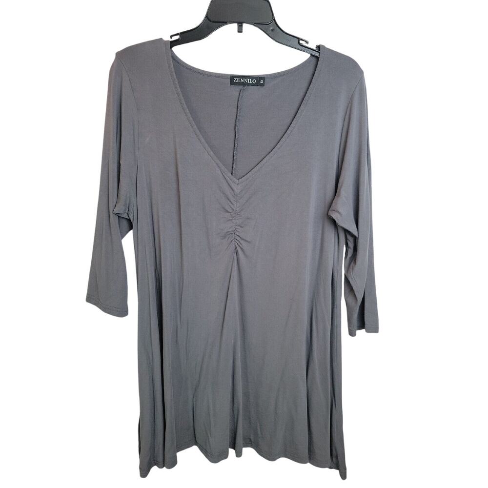 Zennilo‎ Gray V-Neck Ruched Flowy 3/4 Sleeve Casual Top Women's Plus Size 1X